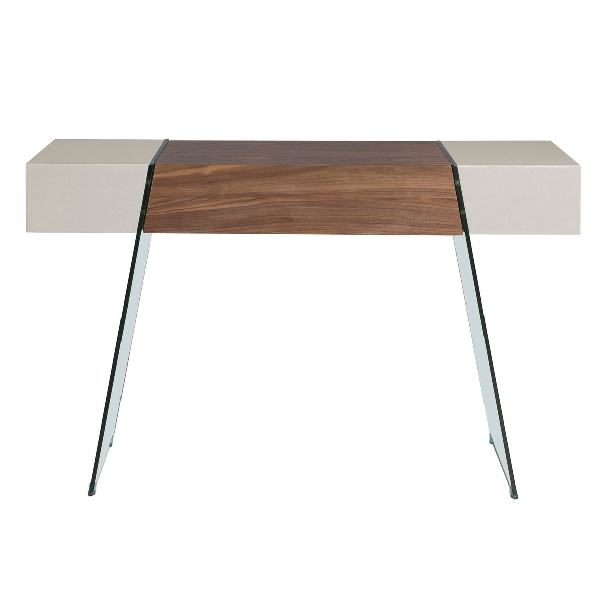Consolle rettangolare in legno grigio, noce e vetro temperato