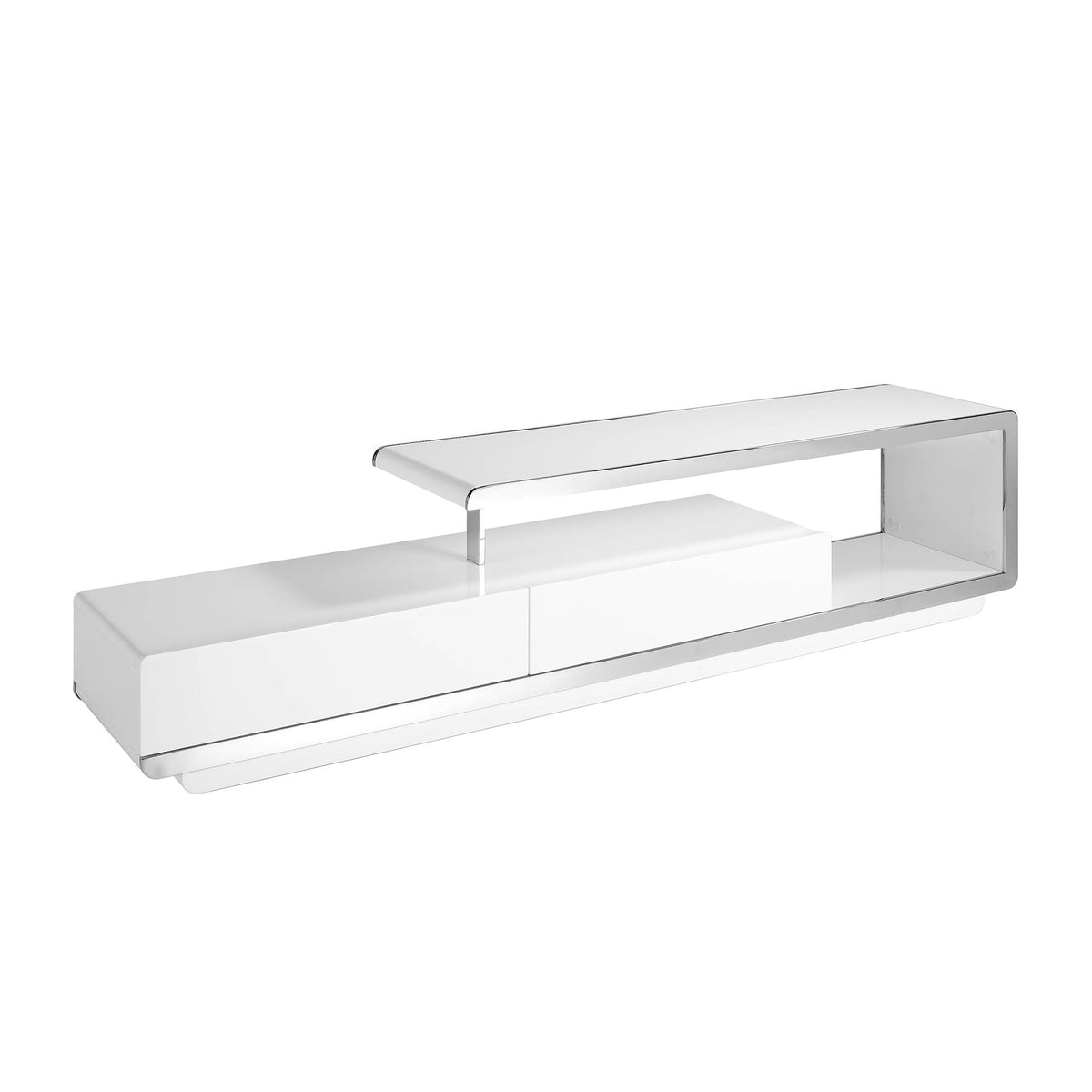 Mobile TV in legno bianco con base in acciaio cromato e base in acciaio cromato