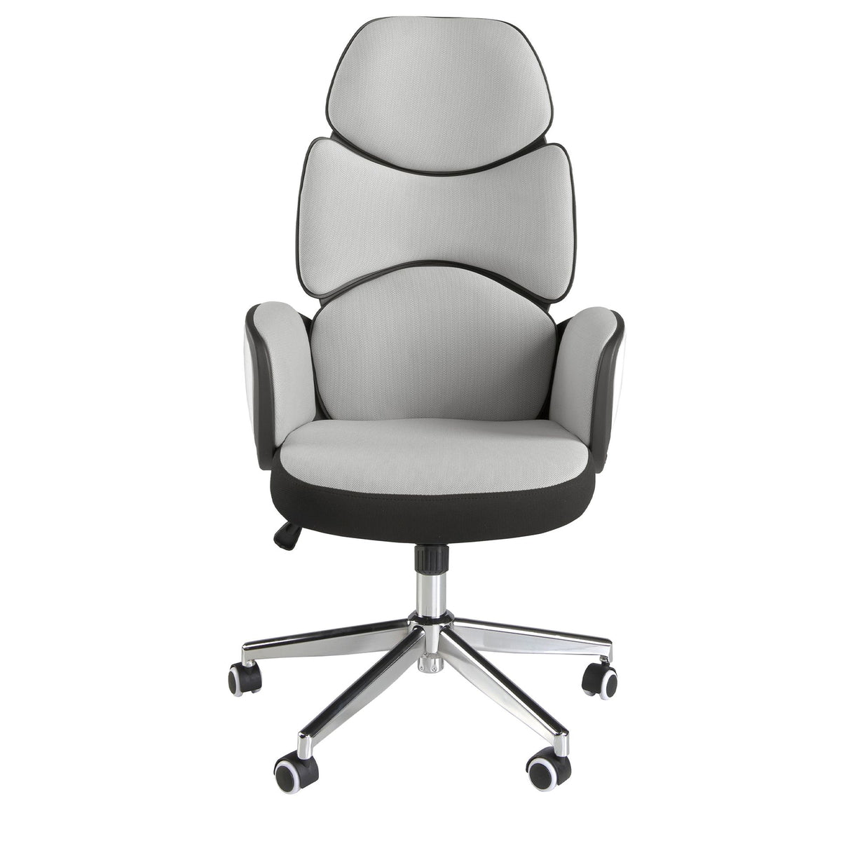 Sedia girevole da ufficio in tessuto grigio chiaro e pvc bianco lucido