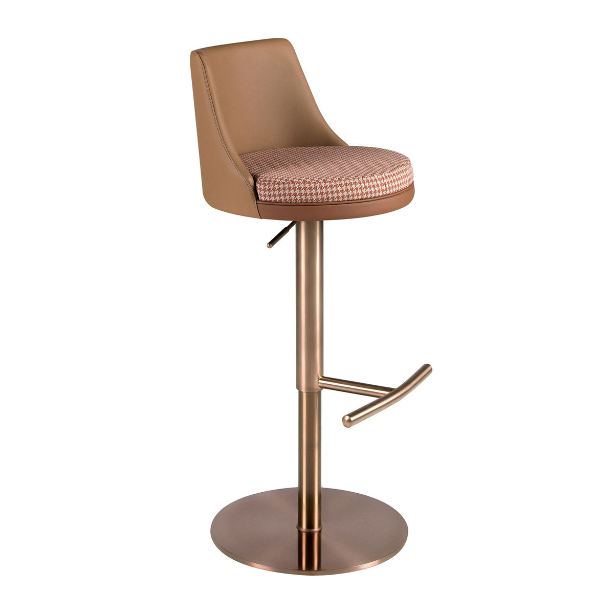 Sgabello girevole in tessuto marrone terracotta e beige e similpelle marrone