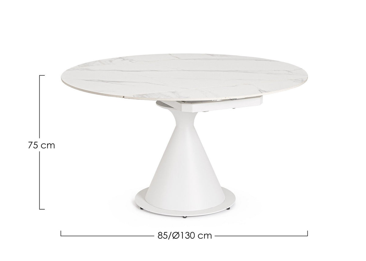 Tavolo rotondo allungabile in gres porcellanato effetto marmo 85-135 cm
