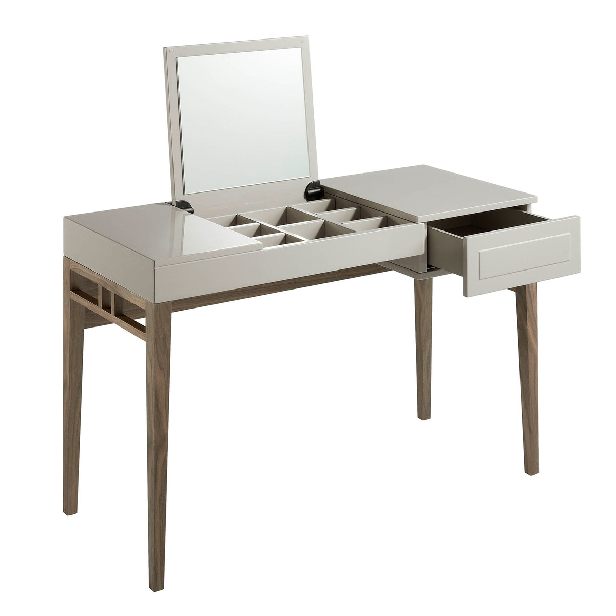 Comodino in legno grigio e noce con specchio