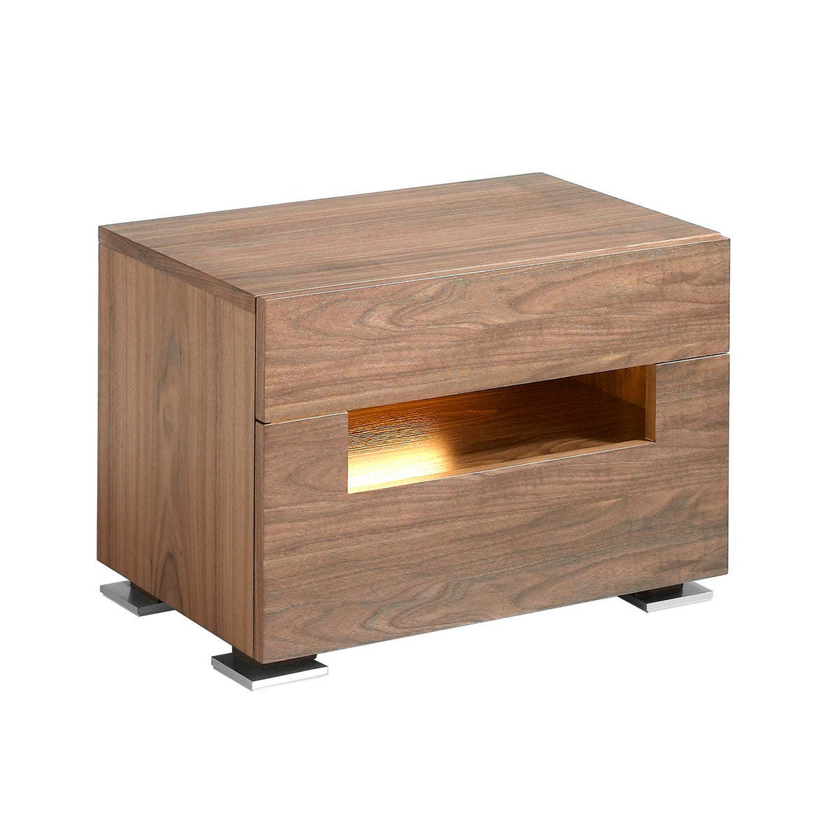 Comodino in noce e acciaio lucido con illuminazione interna