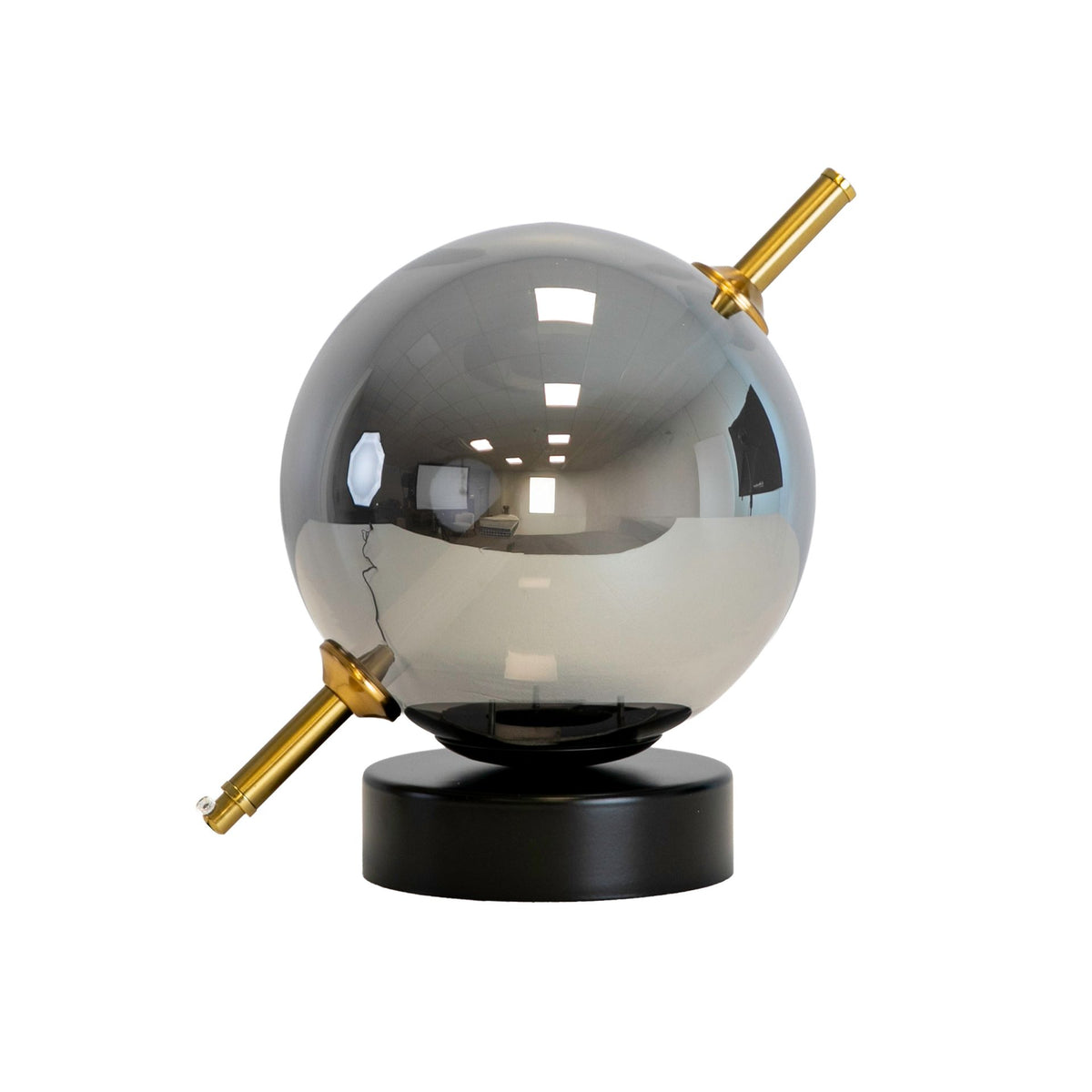 Lampada da tavolo in vetro fumé grigio effetto specchio e acciaio nero